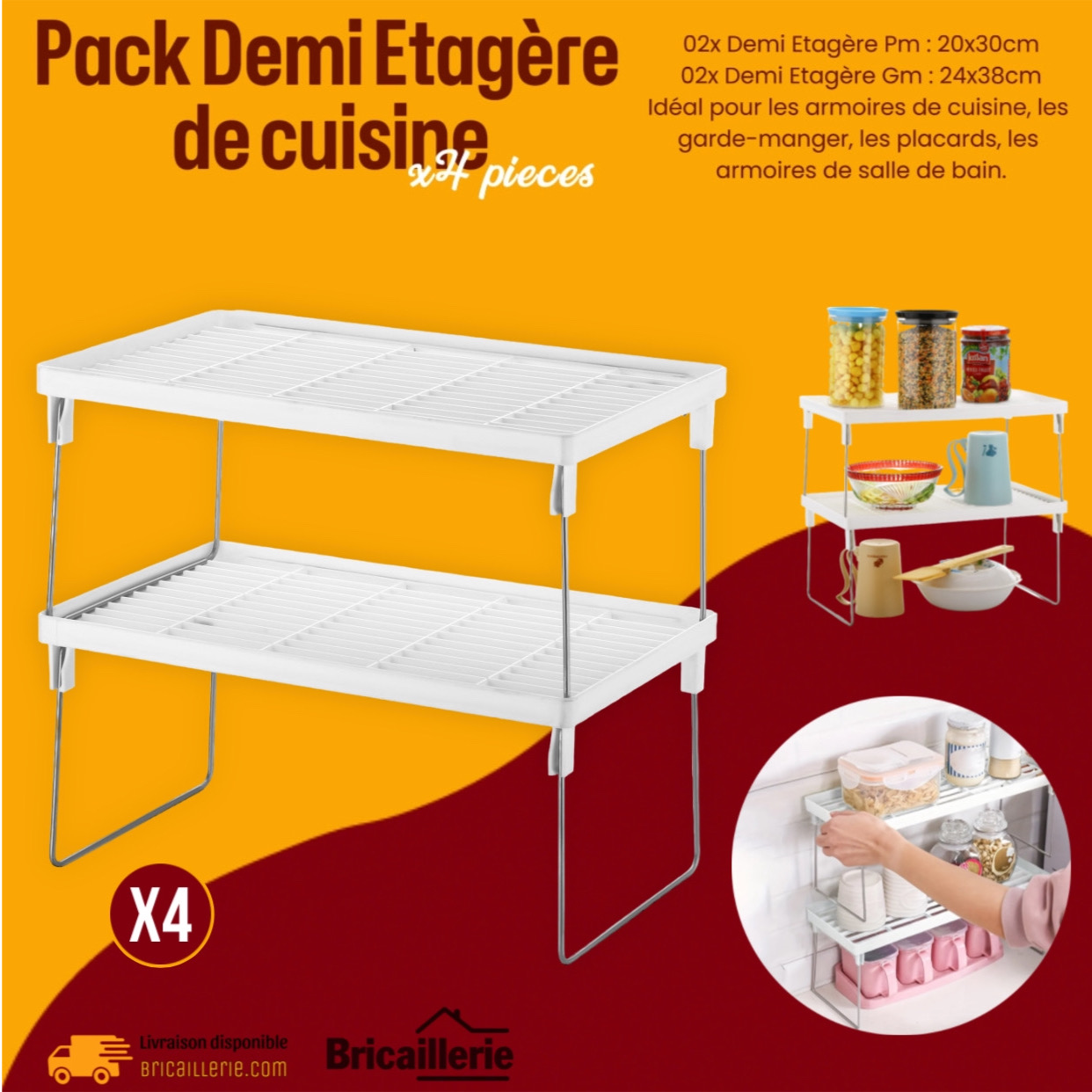 Pack 04x Demi Etagère de cuisine Pliable en plastique - Bricaillerie