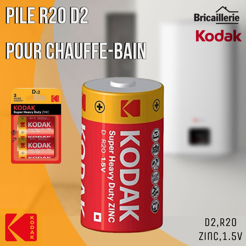 Pile KODAK au zinc D R20 1.5V (CHAUFF-BAIN) - Bricaillerie
