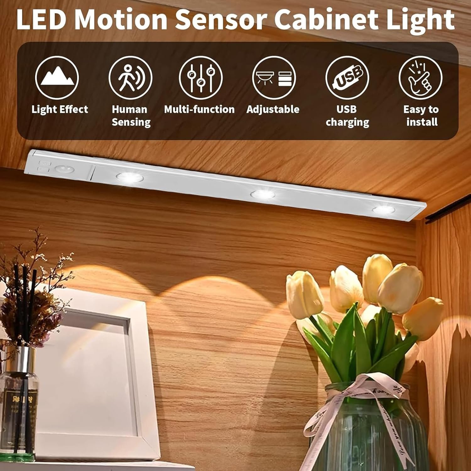 Réglette LED détecteur de mouvement rechargeable aluminium 40cm – Image 2