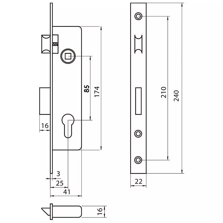 Serrure à encastrer pour porte en aluminium 25mm HAMLE – Image 2