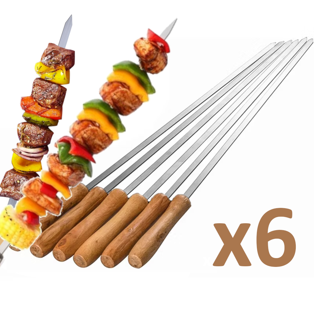 Brochettes Plates – Lot de 6 avec Manche Bois – Spécial Barbecue