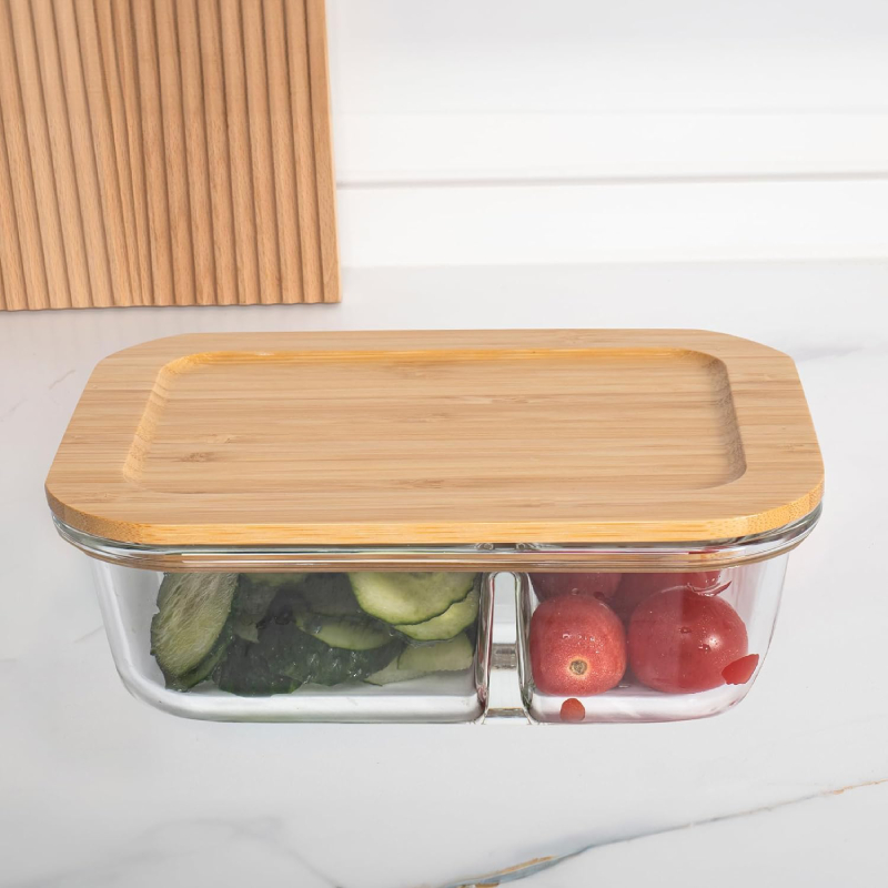 Boîte à lunch en borosilicate avec couvercle en bois