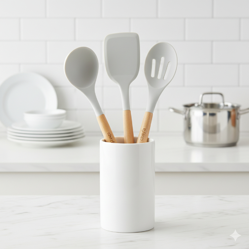3 Spatules en Silicone avec Manche en Bois