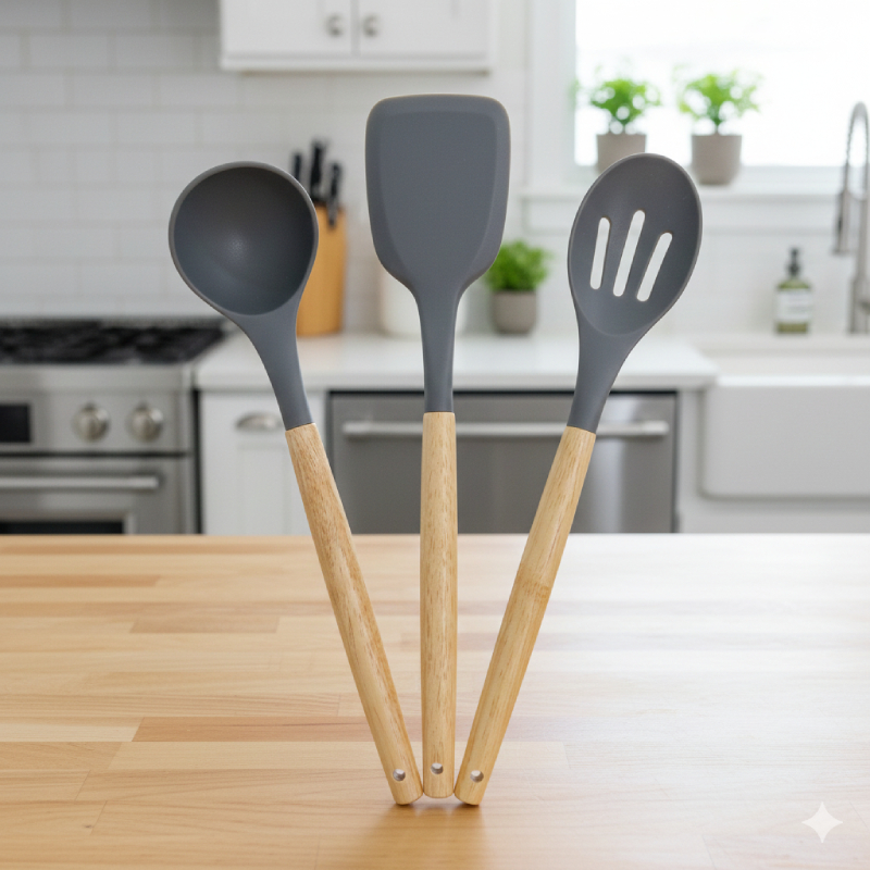 3 Spatules en Silicone avec Manche en Bois – Image 3
