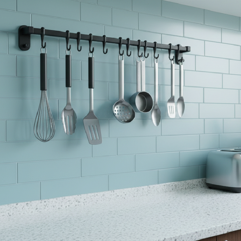 Barre de cuisine 60cm et 12 Crochets avec panier – Image 3