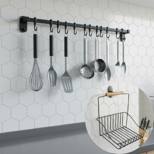 Barre de cuisine 60cm et 12 Crochets avec panier