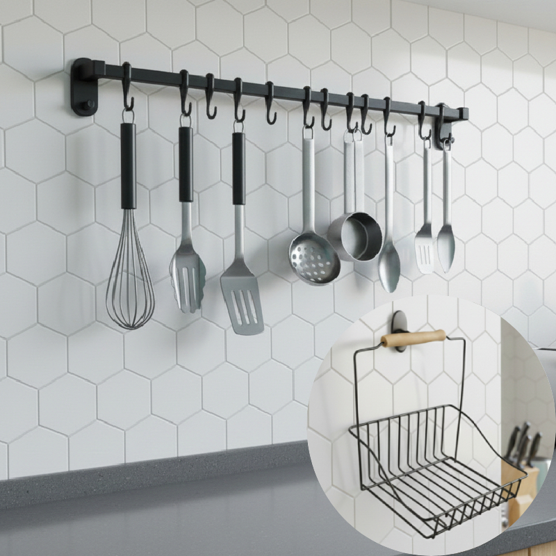 Barre de cuisine 60cm et 12 Crochets avec panier