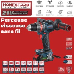 Perceuse visseuse sans fil 130 N.m 21V + 2 Batterie HONESTPRO YAE6162