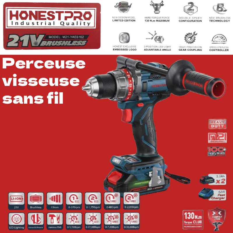 Perceuse visseuse sans fil 130 N.m 21V + 2 Batterie HONESTPRO YAE6162