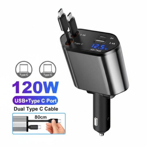Chargeur de voiture rétractable 4 en 1 charge rapide 120W