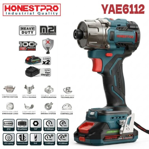 Visseuse a choc sans-fil 2 batteries 21v brushless HONESTPRO YAE6112