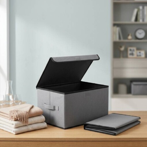 Bac de rangement pour vêtements jouets avec couvercle Gris