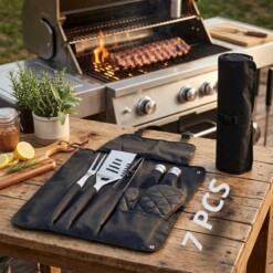 Kit Barbecue Complet en tablier Manches en Bois 7PCS