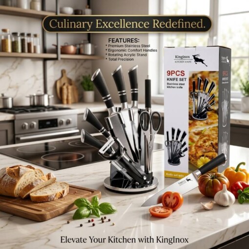 Ensemble de 9 couteaux de cuisine en acier inoxydable avec support