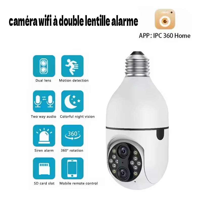 Caméra de surveillance nocturne WiFi 2MP 360 degrés avec détecteur de mouvement et audio