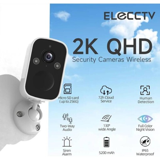 Caméra de sécurité audio sans fil avec détecteur de mouvement Alarme et vision nocturne 2K