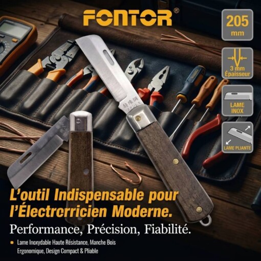 Couteau électricien pliable professionnel manche bois FONTOR 3mm