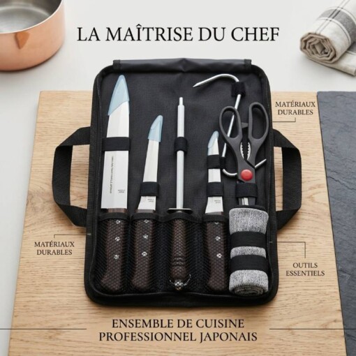 Mallette couteaux 3 PCS + Aiguiseur + Ciseau + Gant + Crochet LB20K24