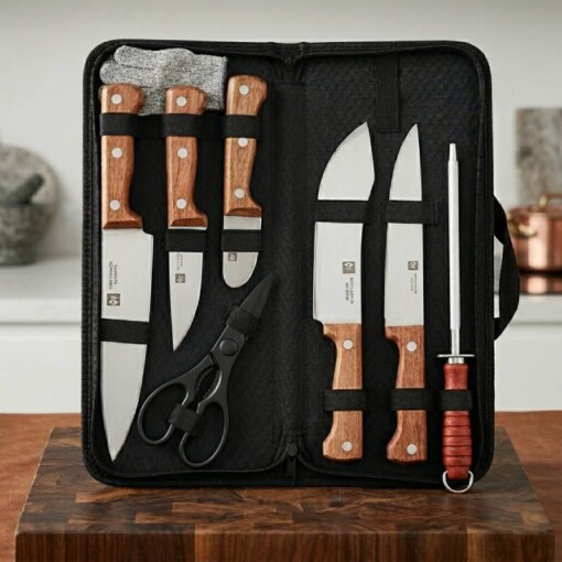 Mallette Couteaux à viande Multifonctions Manche bois + Aiguiseur + Gant + Ciseau
