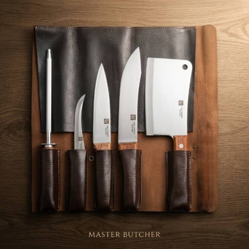 Ensemble couteaux de Boucher 4PCS + Fusil à affuter Pochette en cuir ST74