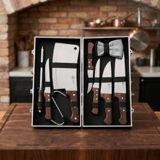 Mallette de couteaux Boucher 6PCS Avec Aiguiseur Gant Crochet