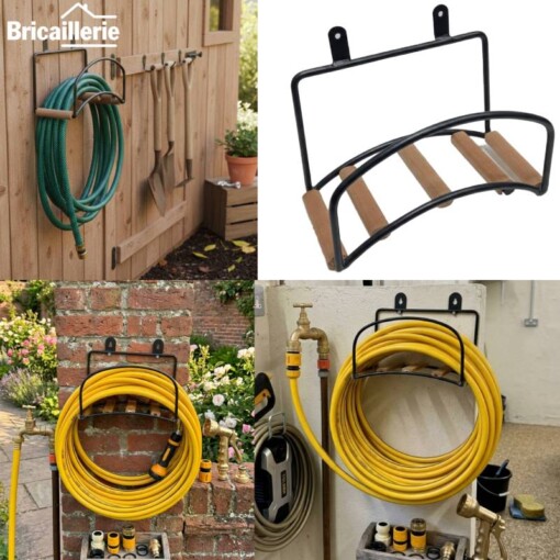 Support enrouleur de tuyau métallique avec design en bois