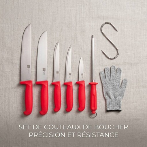 Ensemble 5 Couteaux à Viande + Accessoires (Crochet, Aiguiseur, Gant)