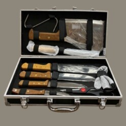 Alternative view of Mallette couteaux de boucher 5pcs Manche bois avec Aiguiseur Gants Ciseau Crochet