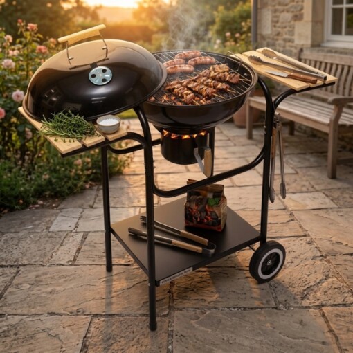 Barbecue Grillade ROND Mobile avec 2 Tables en Bois