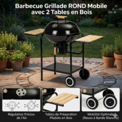 Alternative view of Barbecue Grillade ROND Mobile avec 2 Tables en Bois