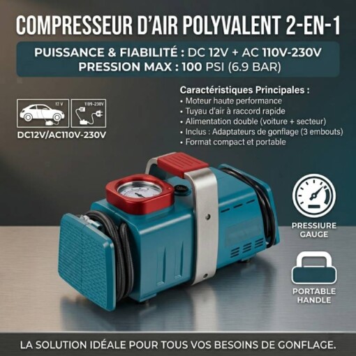 Compresseur d'air Gonfleur Multifonction Pour Maison et Voiture 2en1 100PSI