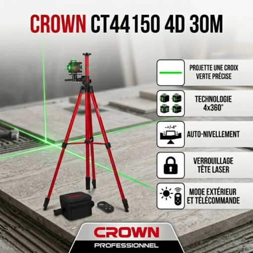 Niveau Laser 4D 16 Lignes 30M avec Perche Télescopique CROWN CT44150