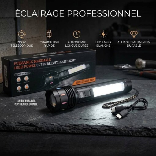 Torche rechargeable étanche Zoom télescopique avec LED latérale et PowerBank