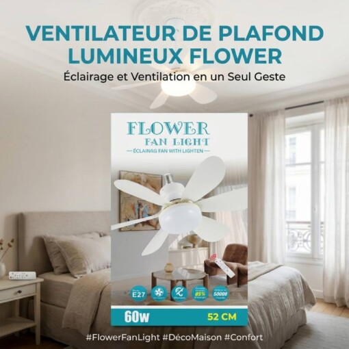 Lampe ventilateur de Plafond silencieuse à Télécommande 60W 6 Lames ABS 3867-A