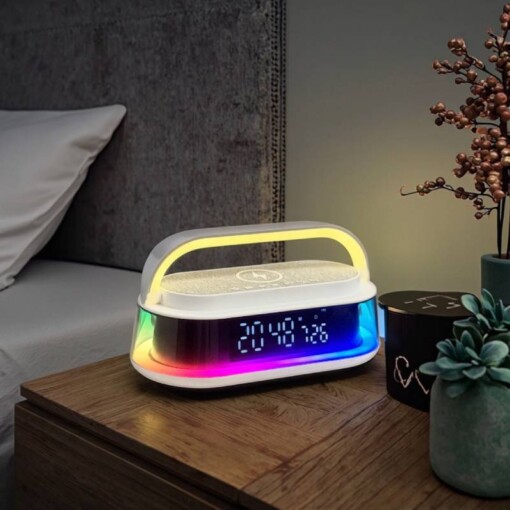Baffle Rechargeable RGB avec Power Bank Horloge LED et Chargeur Sans Fil 15W S303