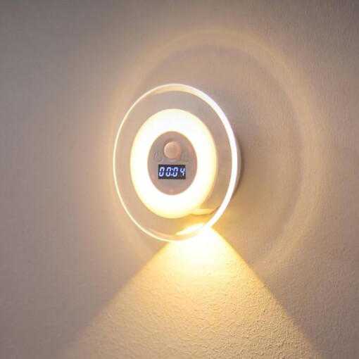 Applique Mural Veilleuse Ronde Rechargeable Avec Horloge et Détecteur de Mouvement