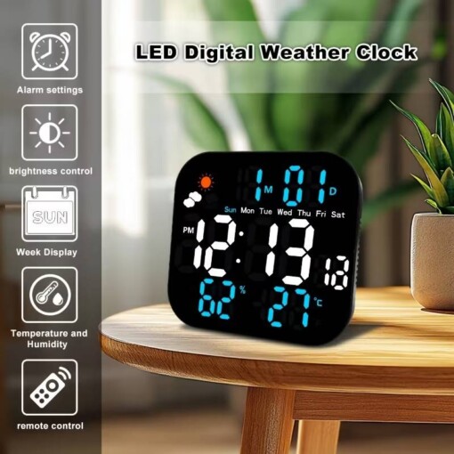 Horloge murale numérique LED carrée avec télécommande Température intérieure et humidité