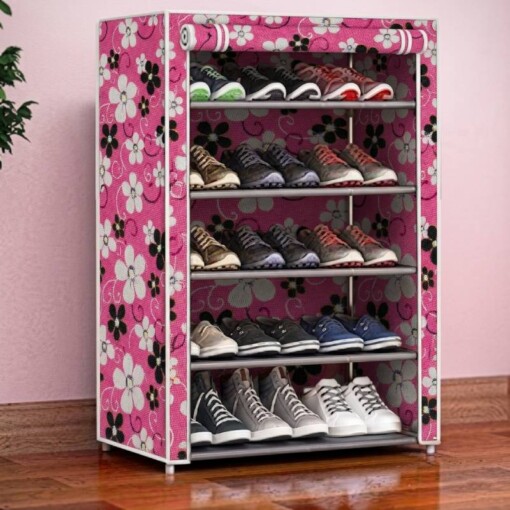 Etagère Porte Chaussures Métallique 5 Etages avec Couvert en Tissu