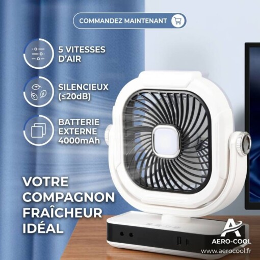 Ventilateur de Bureau Portable Rechargeable Solaire Rotative avec Torche et PowerBank à 5 Vitesses