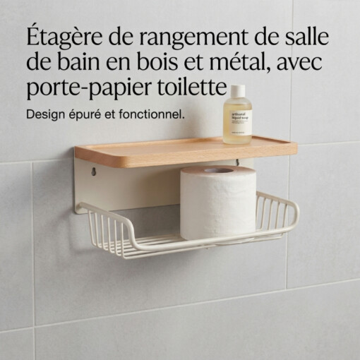 Etagère Salle de Bain en Bois et Métal avec Porte Papier de Toilette Luxe