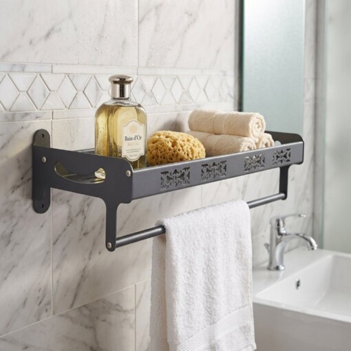 Etagère Salle de Bain en Aluminium avec Porte Serviette et 4 Crochets Coulissants