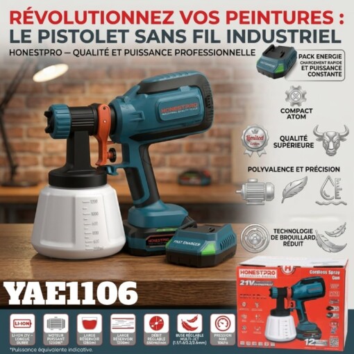 Pistolet Peinture à Batterie 2Ah 21V HONESTPRO YAE1106