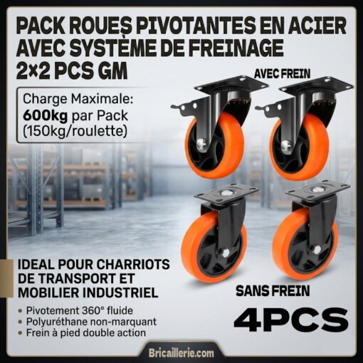 Pack Roues Pivotantes en Acier avec Système de Freinage 2×2 PCS GM