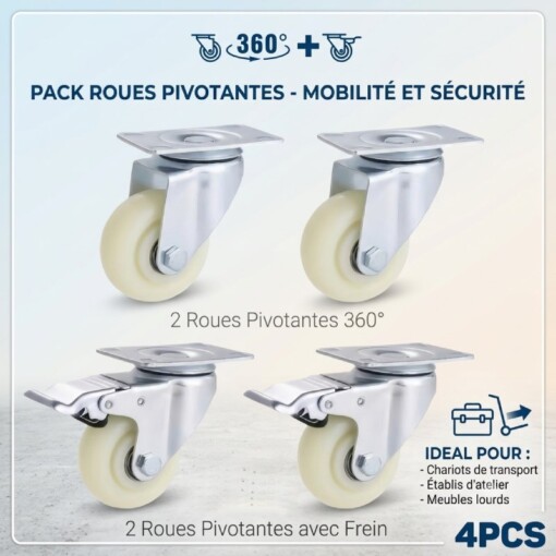 Pack Roues Pivotantes en Acier avec Système de Freinage 2×2 PCS GM Blanches