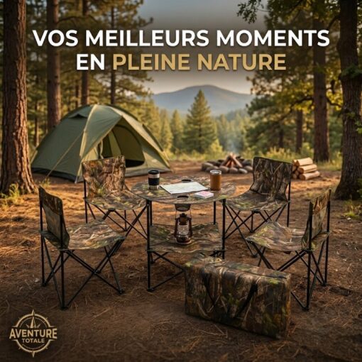 Ensemble de Table Pliable Démontable 2 Etages avec 4 Chaises Pliants Camouflage Pour Camping 5PCS