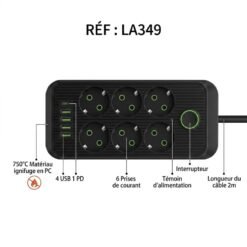 Alternative view of Multiprise 6 prise 4 USB + 1 Type-C 2000W BEETRO LA349