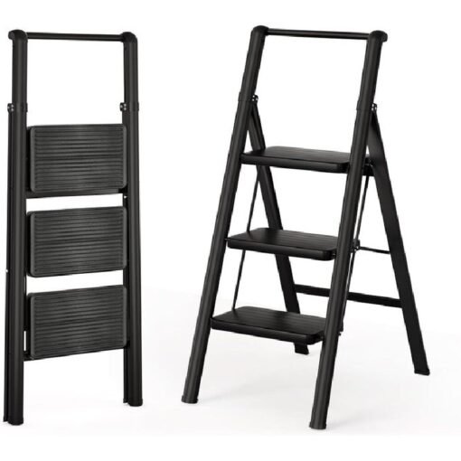 Escabeau Métallique Noir 3 Marches Larges avec Levier 255-7
