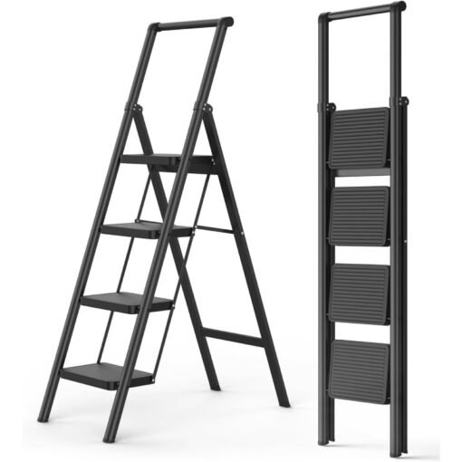 Escabeau Métallique Noir 4 Marches Larges avec Levier 255-8