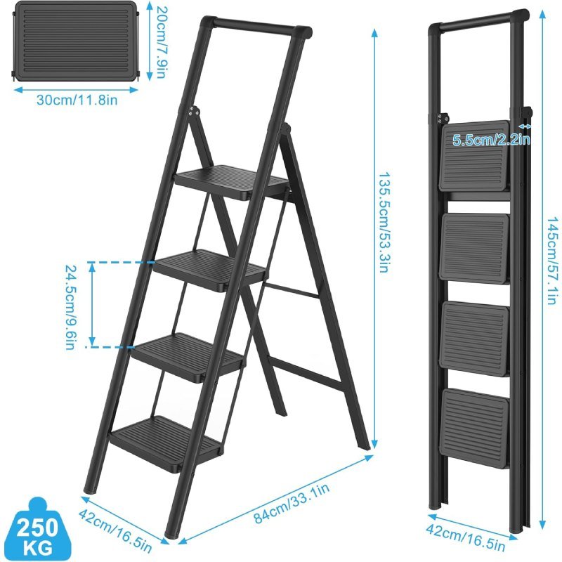 Escabeau Métallique Noir 4 Marches Larges avec Levier 255-8 – Image 4