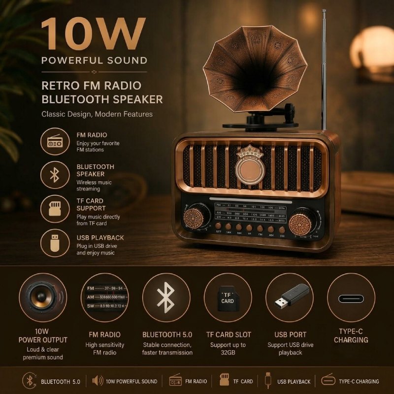 Radio Rétro Sans-fil Bluetooth FM Rechargeable Type-C VINTAGE
